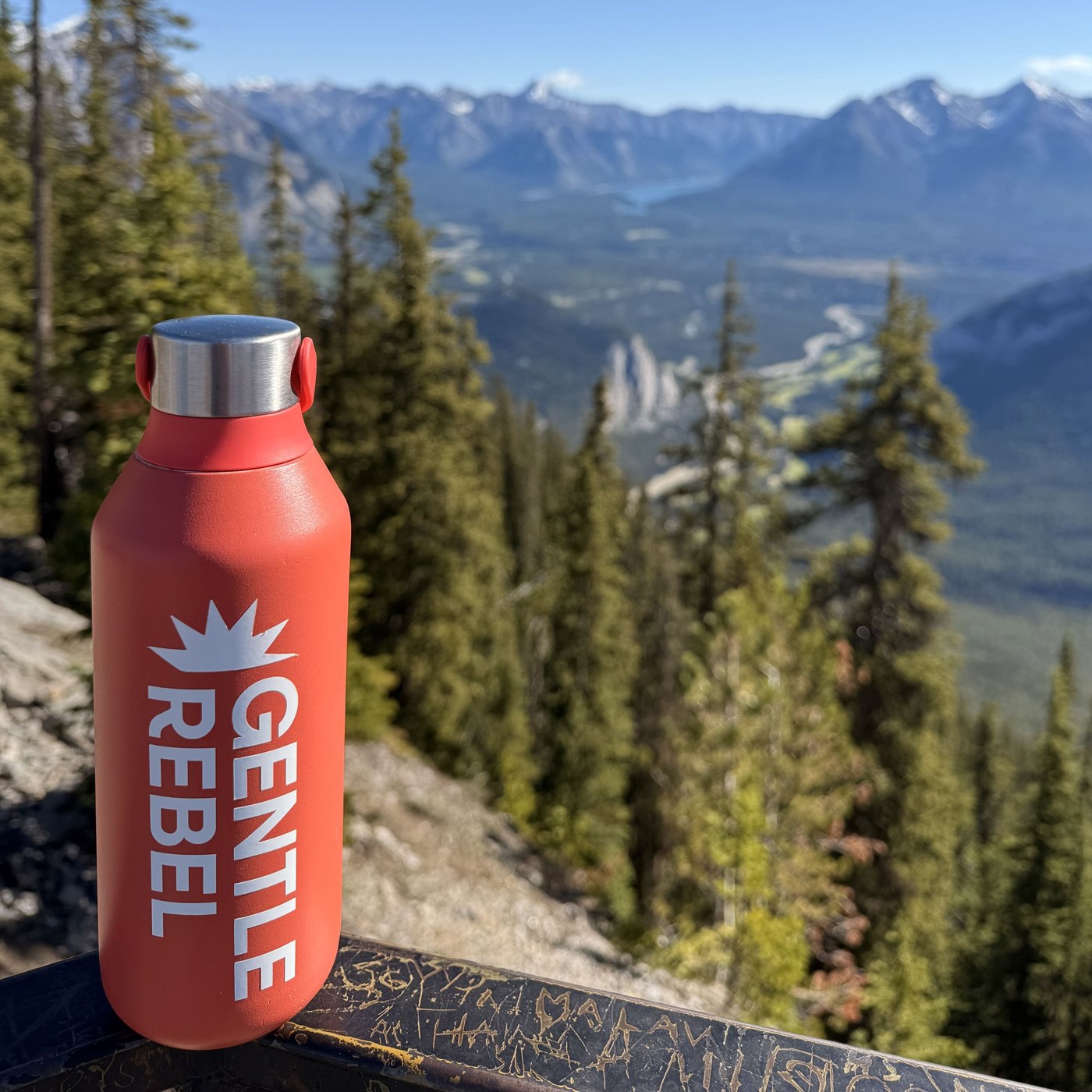 Gentle Rebel water bottle photographed in the Canadian Rockies