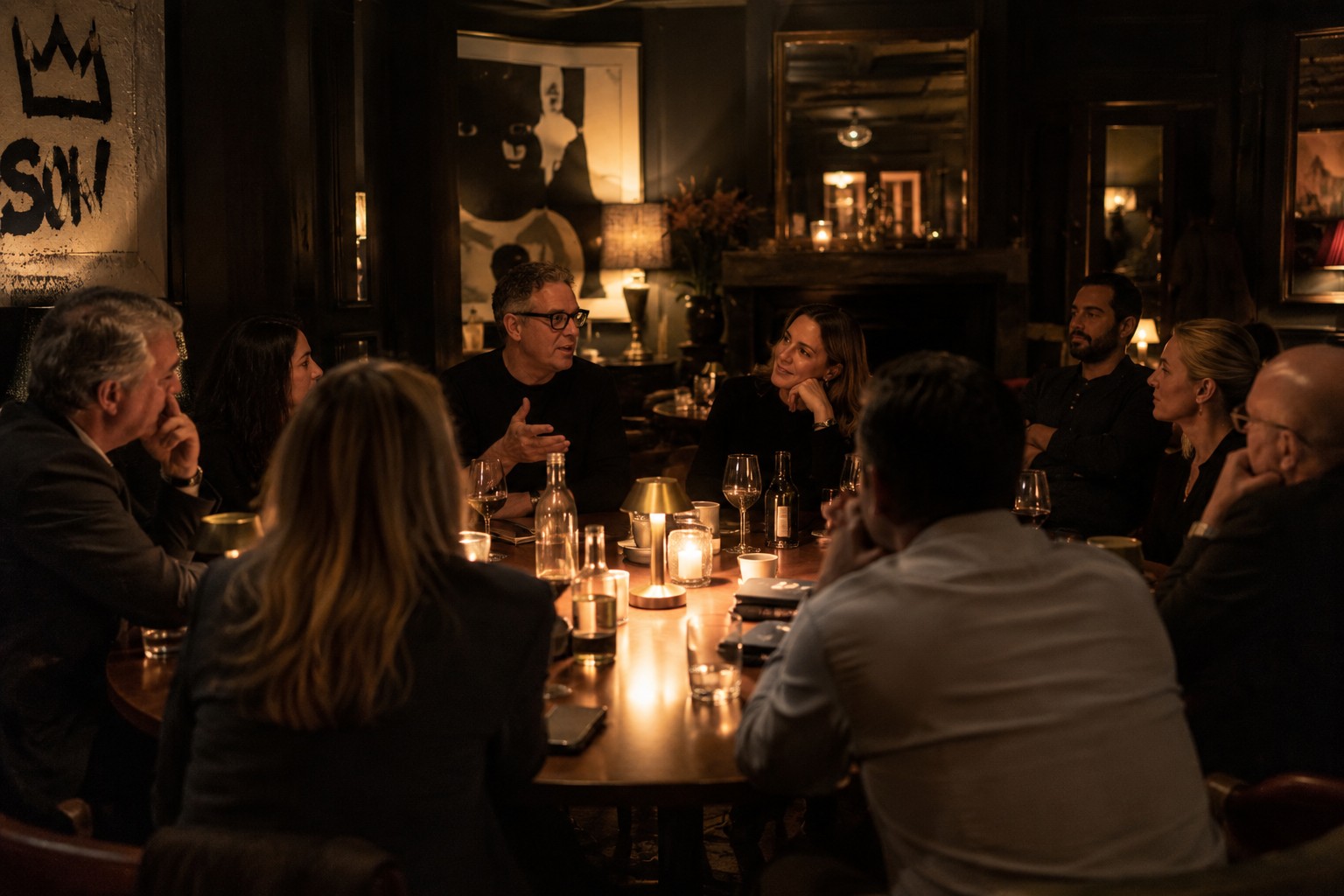 A gathering seated around a candlelit table at The Groucho Club