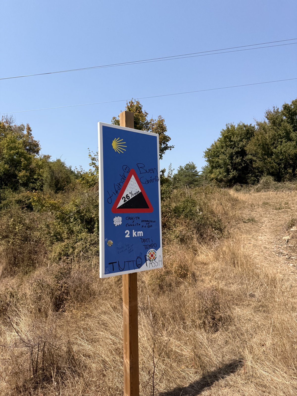 Camino waymarker with a steep gradient warning, covered in pilgrim messages